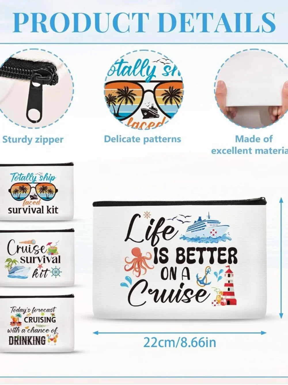 4 Pc Set Vacation Cruise Themed Makeup Travel Bags‎ New !!